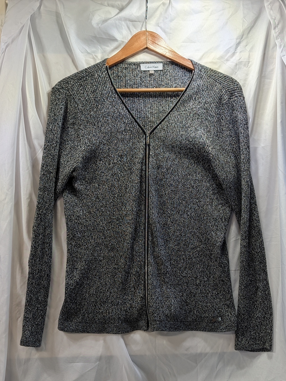 Calvin Klein Women's Ribbed Gray Marled Full Zip-Front Knit Sweater Size L